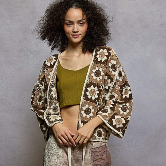 POL Floral Granny Square Crochet Cardigan Retro Boxy Open Front Sweater Openwork - Picture 10 of 16